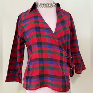 Anne Carson 100% Silk plaid wrap top in size